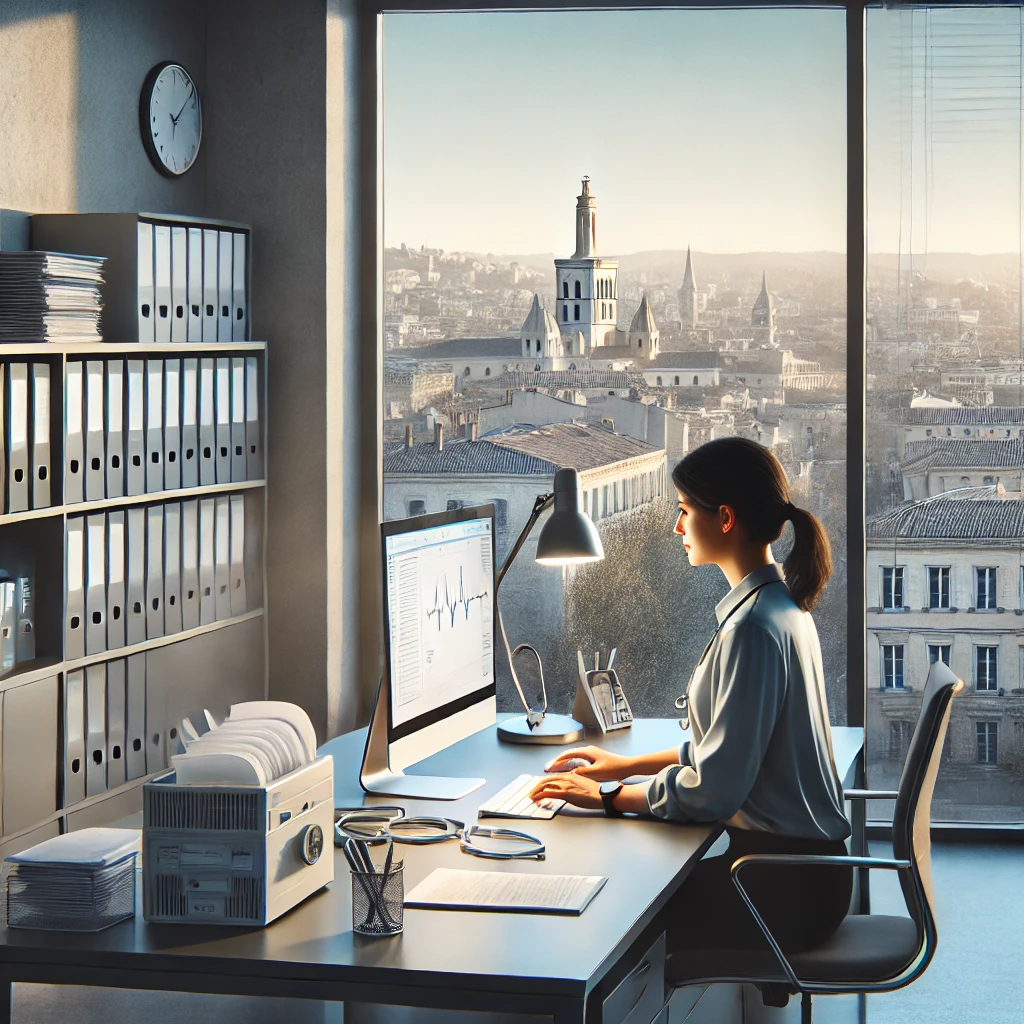 DALL·E 2024-10-22 17.02.16 - A modern office environment with a secretary working on a computer at a clean desk, surrounded by medical files and folders. In the background, there