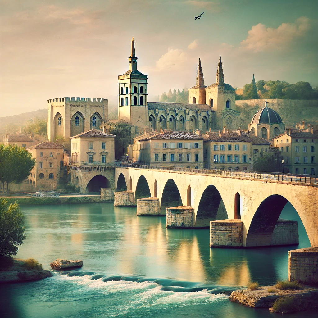 DALL·E 2024-10-22 17.09.49 - A picturesque view of Avignon, featuring its historic landmarks such as the Pont d'Avignon and the medieval architecture. The scene captures the beaut